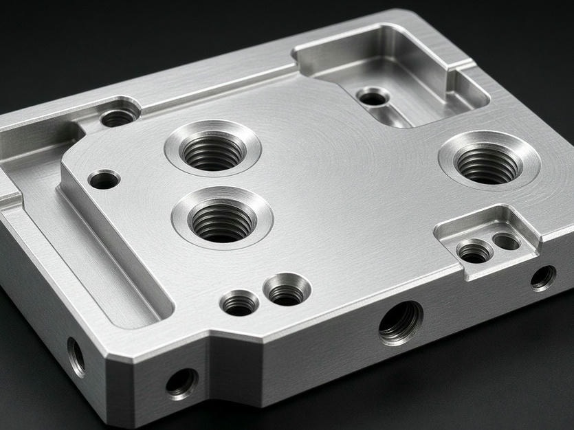 Aluminum CNC machined part showing precision holes and tapped threads
